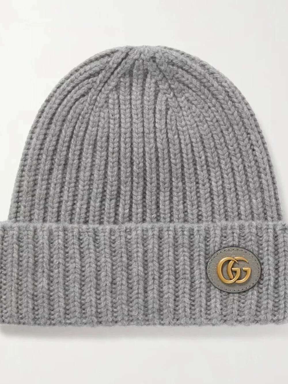 GUCCI HAT GRAY WOOL CASHMERE RIB KNIT LOGO PATCH BEANIE M / MEDIUM / 57CM
